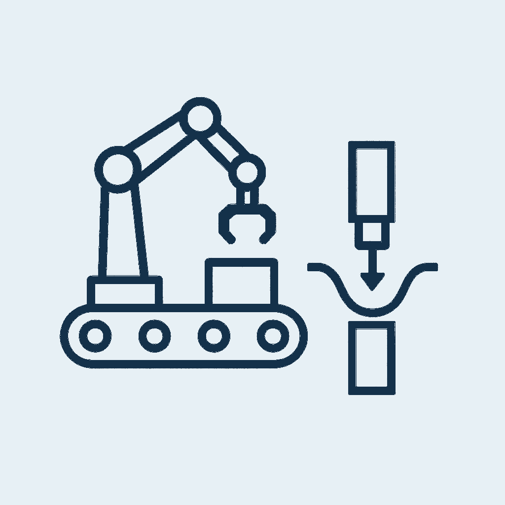 Symbol eines Industrieroboters und einer Fertigungsstraße.
